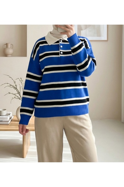 Vaniza Button Detailed Polo Neck Striped Sweater