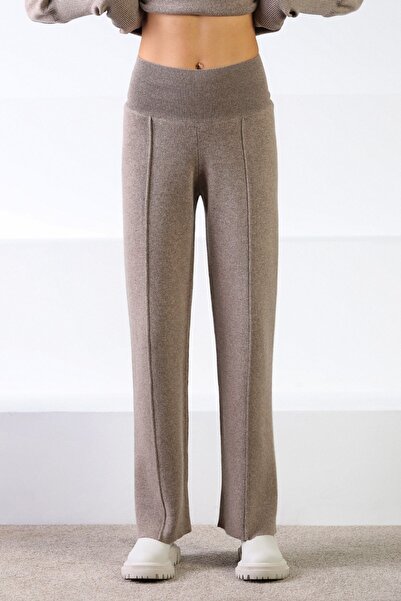 Ferraro Mink Wide Leg Cashmere High Waist Stripe Detail Women's Knitwear Trousers