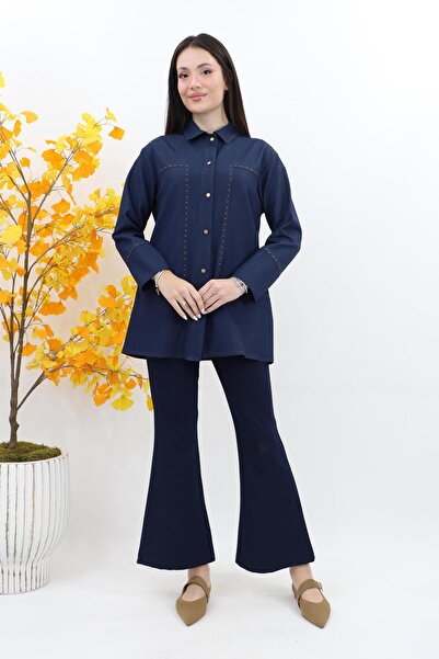 Armine Zımba Detaylı Denim Tunik - İndigo