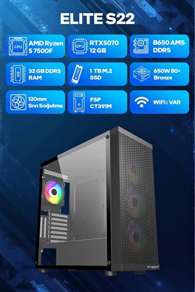 Game Garaj Elite S22 AMD Ryzen 5 7500F 32GB RAM 1TB SSD RTX5070 120mm Sıvı So...