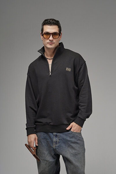 Butik Trend Biz Mock Neck Zippered Logo Detailed Oversized Sweatshirt