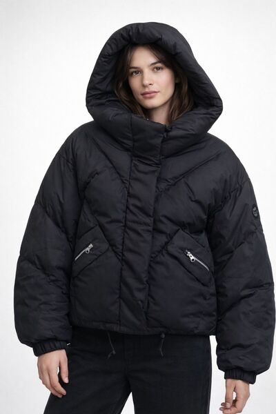 Lunea Womens معطف نسائي أسود مبطن بجيبين بغطاء رأس