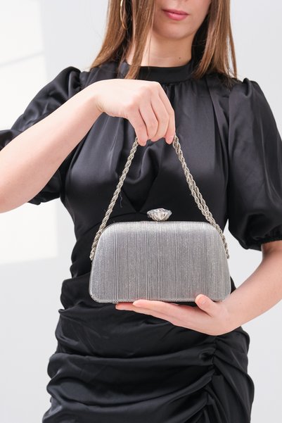 ROZA CANTA Platinum Laser Striped Evening Dress Elegant Evening Bag
