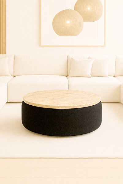 DEKOR MOBİLYACIM ARVENIA 60 CM ÜST TRAVERTEN TABLALI ORTA PUF SALON SEHPASI