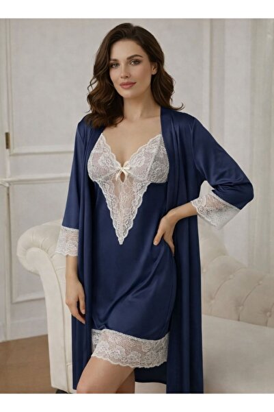 Cute طقم بيجاما فاخر من الدانتيل مع روب - أزرق داكن وأبيض