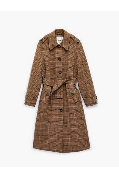 Koton Kemerli Kaşe Ekose Kaban Düğmeli Cepli Uzun Kollu