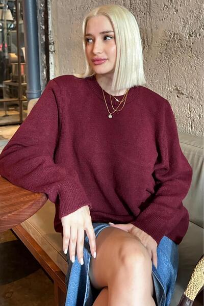 Seeh Burgundy Crew Neck Women's Knitwear Sweater Sh336