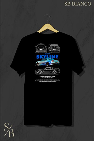 SB BİANCO تي شيرت نيسان سكايلاين جي تي آر أسود - تي شيرت سيارة جي دي إم مطبوع...