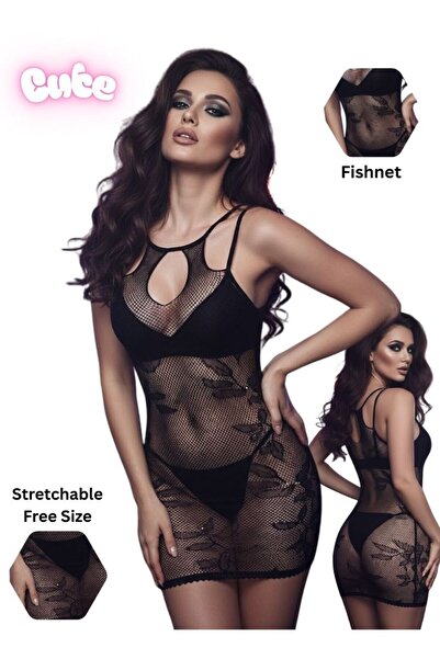 Cute Black Fishnet Bodycon Lingerie Dress – Stretchable Mesh Nightwear