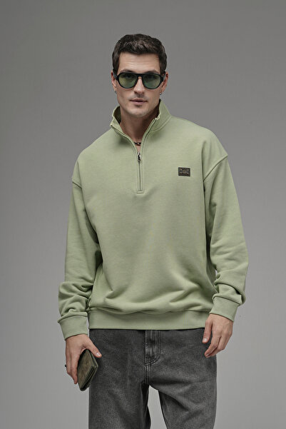 Butik Trend Biz Mock Neck Zippered Logo Detailed Oversized Sweatshirt