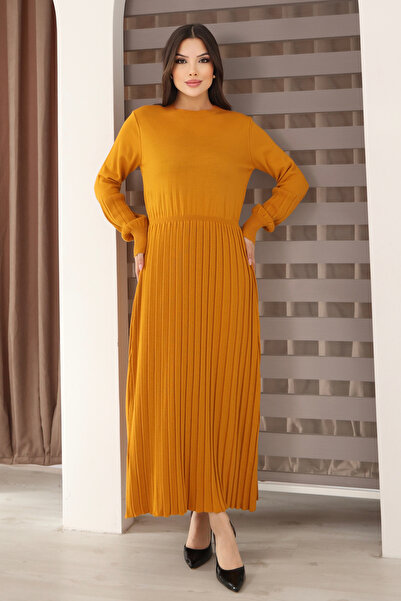 ALCHON Round Neck Long Sleeve Elastic Waist Pleated Ankle Length Slim Stylish Knit Dress