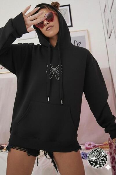 CAST COLLECTİON سترة نسائية ذات قلنسوة باللون الأسود من Trock Stone مطبوع