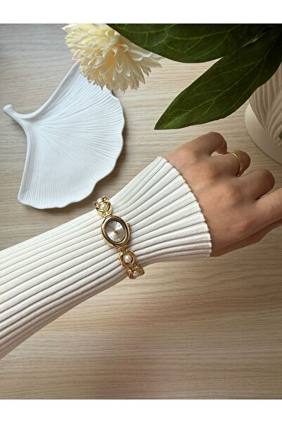 rubsey Retro Minimal Metal Kordon Vintage Kadın Kol Saati İnci Model Altın