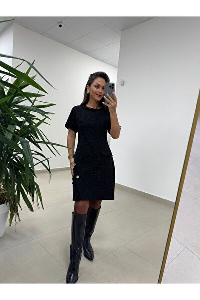 caddstore Mc 5110 Püsküllü Simli Siyah Elbise