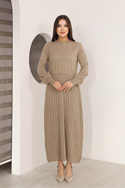ALCHON Round Neck Long Sleeve Elastic Waist Pleated Ankle Length Slim Stylish Knit Dress
