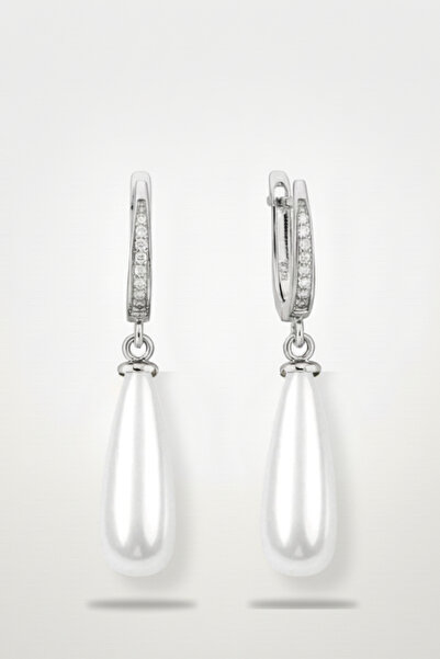 bymissmücevherat 925 Ayar Gümüş Sallantılı Uzun Damla Beyaz Mayorka İnci Taşl...