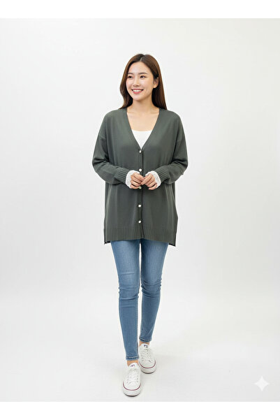 CELTMODA Women's Mercerized Cardigan with Lace Detail and Buttons - Khaki
