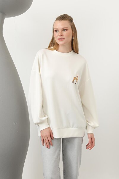 Soul Ceylan Nakış Desenli Basic Sweat Tunik - Ekru