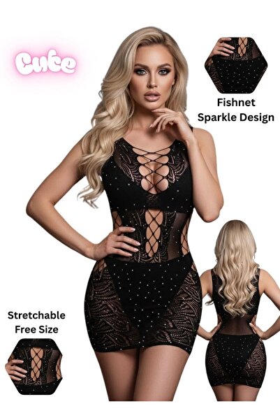 Cute Black Fishnet Sparkle Bodycon Dress – Stretchable Free Size