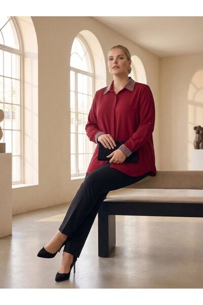 Hanezza New Year's Elegance Plus Size Shirt with Collar and Sleeve Stone Detail