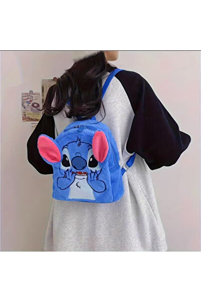 FESECRAFT Stitch Figürlü Tek Bölmeli Mavi Polar Kumaş Sevimli Sırt Çantası