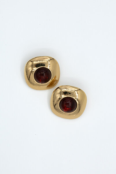 Parfois Burgundy Vintage Düğme Gold Küpe