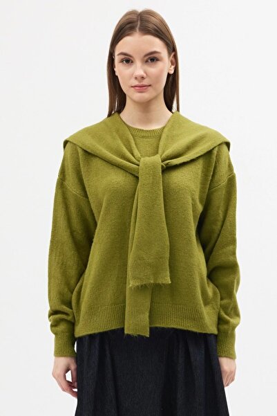 LOTUS CITY Women's Oil Green Soft Textured Wide Fit Shawl Knit Sweater