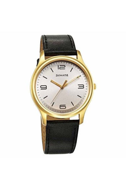SONATA 77082YL09 Men's Watch – Silver Dial, Black Leather Strap, Quartz Movem...