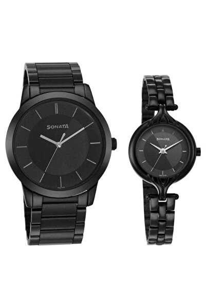 SONATA 7712587040NM01 ساعة كوارتز تناظرية بمينا أسود وسوار من الفولاذ المقاوم...