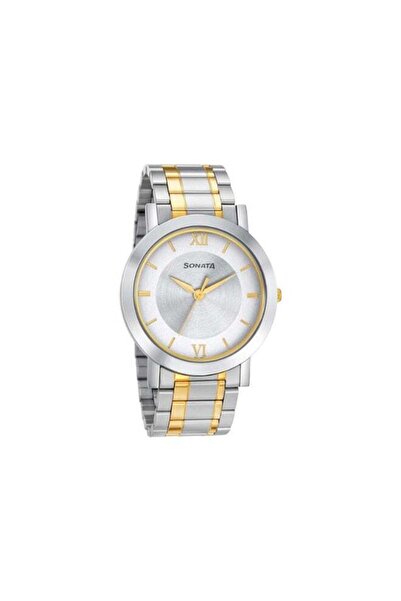 SONATA ساعة رجالية 77108BM02 - مينا فضي، سوار من الفولاذ المقاوم للصدأ بلونين