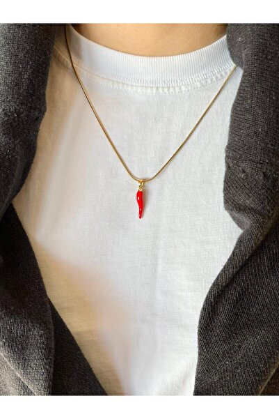 D&Z ACCESSORİES Kadın Gold Çelik Kırmızı Biber Figürlü Şans Kolyesi| İtalyan Zincir Chili Pepper Kolye Biberli Kolye