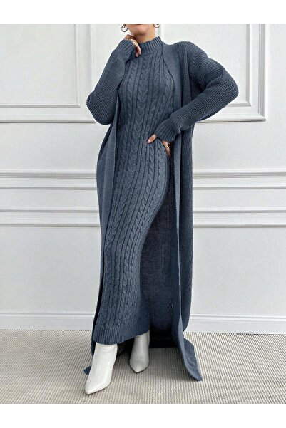 ÖZKURTOĞLU COLLECTİON 2 Piece Women's Chic Vintage Hair Braid Pattern Long Cardigan Sweater Dress Set, Winter Women's Knitwear Suit