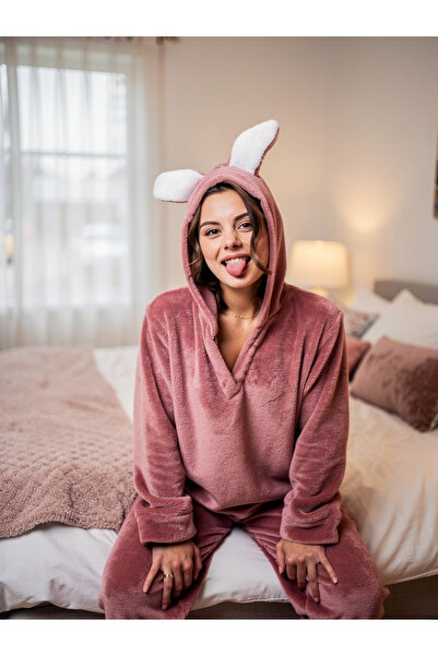 NOCHES PYJAMAS Kadın Welsoft Tavşan Kulaklı Pembe Peluş Pijama Takımı
