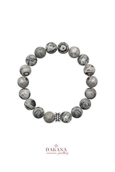 DAKANA JEWELLERY Certified Gray Jasper Stone 8 mm Silver Figure Men's Natural...
