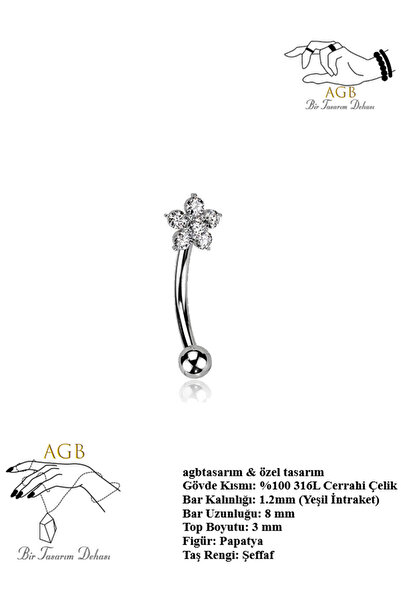 AGB Zirkon Taşlı "eyebrow, Rook" Kavisli Papatya Figürlü Kaş Piercing (CERRAH...