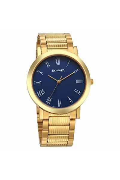 SONATA 77108YM14 Men's Watch – Blue Dial, Yellow Stainless Steel Bracelet, Qu...