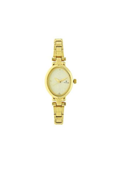Titan ساعة نسائية 2535YM01 - مينا أبيض، سوار من الفولاذ المقاوم للصدأ مطلي با...