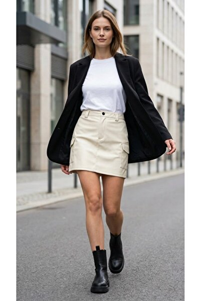 Grenj Fashion Stone Cargo Pocket Pack Faux Leather High Waist Bodycon Mini Skirt