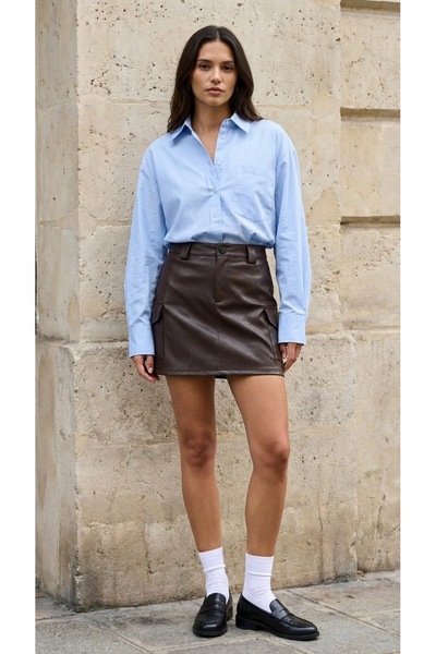 Grenj Fashion Bitter Brown Cargo Pocket Pack Faux Leather High Waist Bodycon Mini Skirt