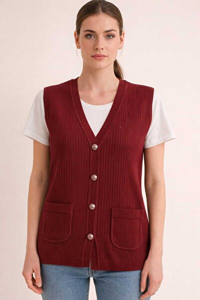 restinatriko Women's V-Neck Corded Fabric Knitwear Mother Vest Plus Size with...