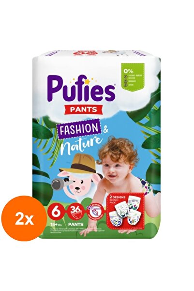 Pufies Set 2 x 36 Scutece-Chilotel Pants Fashion and Nature Extra Large, Marimea 6, 15+ kg