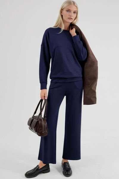 Hiccup Modal Textured Crew Neck Sweatshirt & Wide Leg Trousers Two-Piece Set ...