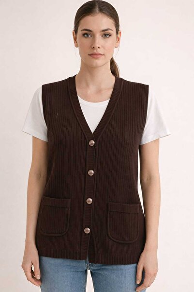 restinatriko Women's V-Neck Corded Fabric Knitwear Mother Vest Plus Size with...