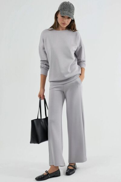 Hiccup Modal Textured Crew Neck Sweatshirt & Wide Leg Trousers Two-Piece Set ...
