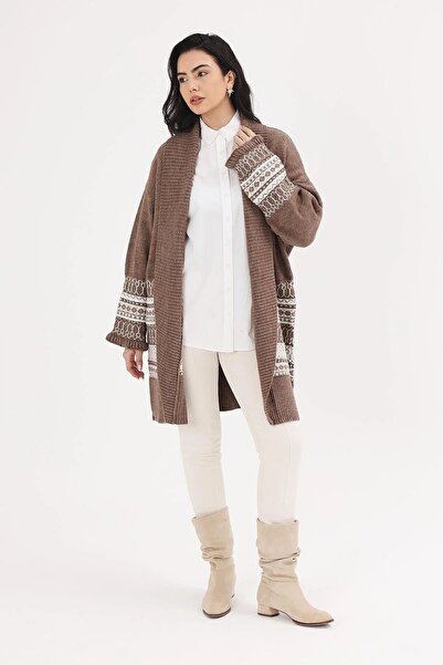Uludağ Triko Women's Ethnic Pattern Shawl Collar Knitwear Long Cardigan