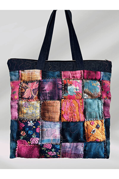 Ays Quilt Patchwork Desenli Kot Omuz Çantası - Fermuarlı ve İçi Cepli El Yapımı Çanta