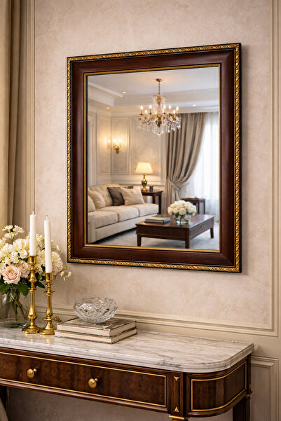 Narkissos Dizayn Kahverengi Ahşap Görünümlü Gold Altın Detaylı Çerçeveli Ayna 5cm Genişlikte Çerçeve-Klasik Lüx Ayna