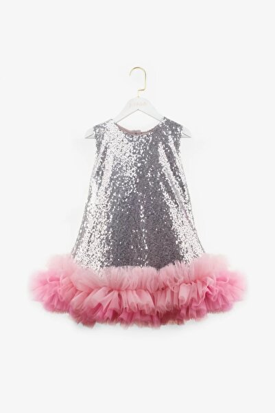 ÖZ-NE MAĞAZACILIK Etek Ucu Tüllü Pullu Kız Çocuk Elbise