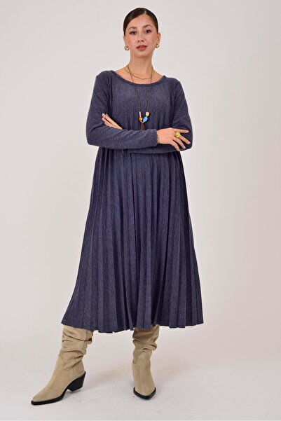 Park Moda 20643 Siena Kolye Detailled Pleated Long Knit Dress