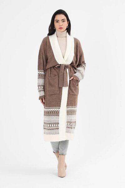 Uludağ Triko Women's Ethnic Patterned Shawl Collar Long Kimono Cape